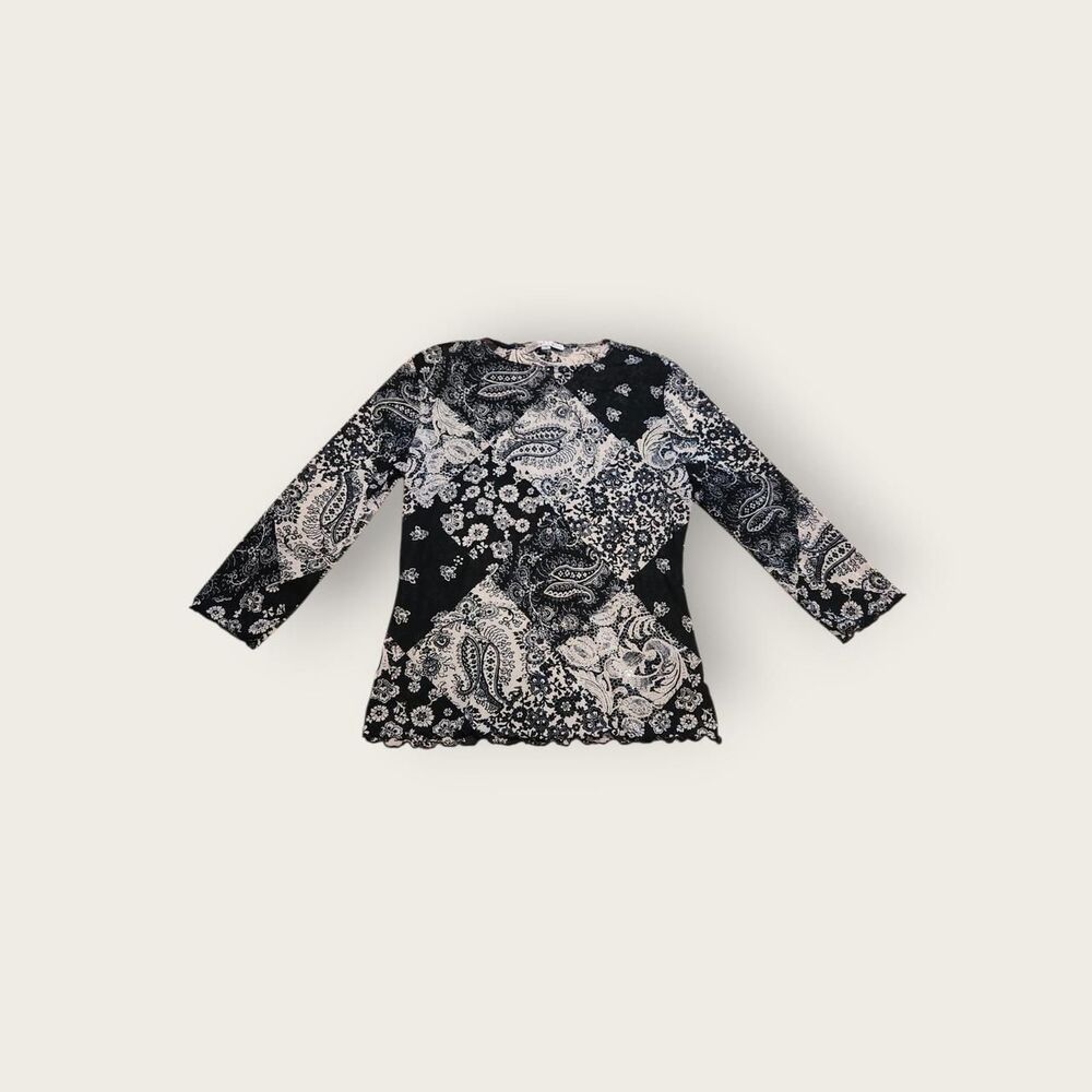 Vintage Y2k Moa Moa black floral print sheer mesh 3/4 sleeve lettuce hem shirt